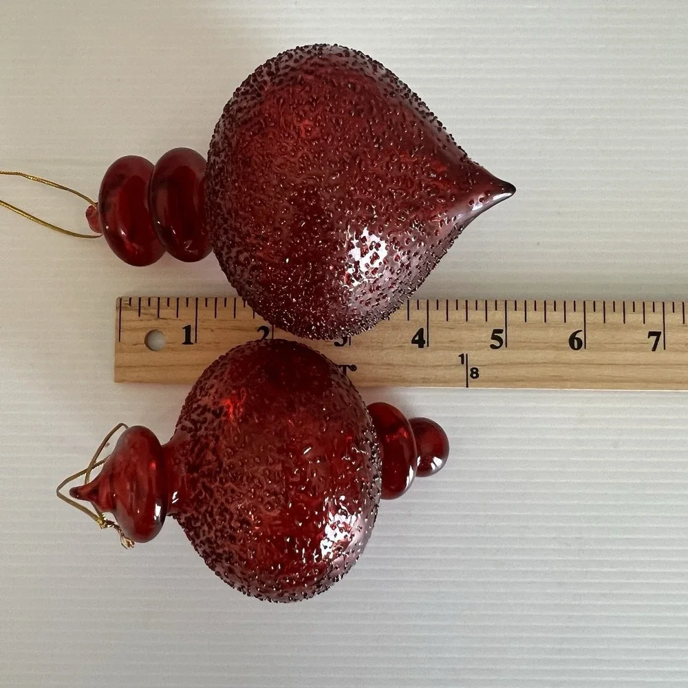 Ruby Red Glass Encrusted Finial Ornaments Hand Blown Chirstmas Decor Set of 2